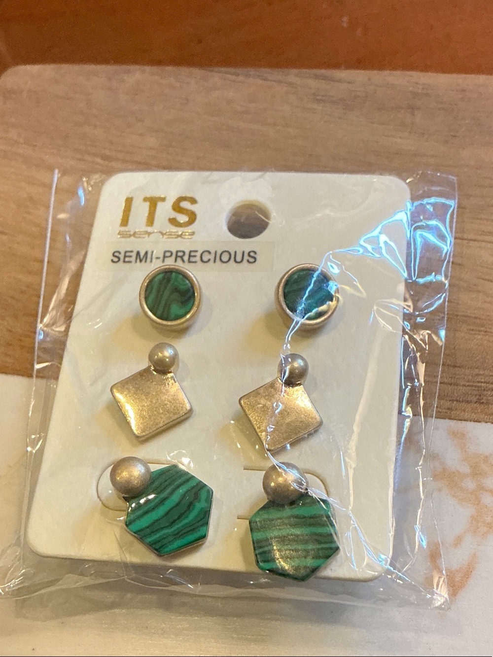 ITS Semi-Precious Green and Gold Stud Earring Set - 3 Pairs